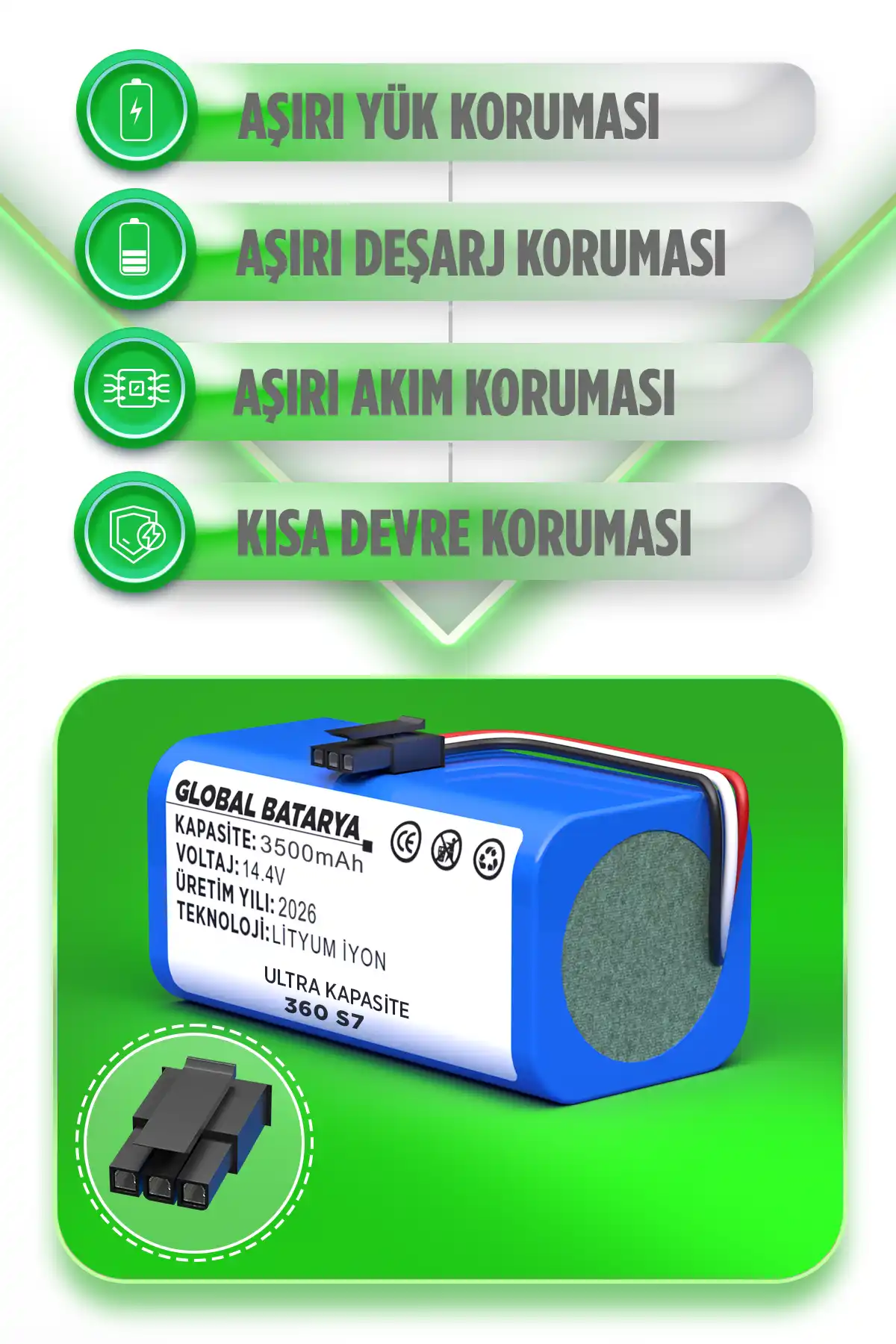 360 S7 Uyumlu Akıllı Robot Süpürge Bataryası 14.4v 3500mah Pil Ultra Kapasite