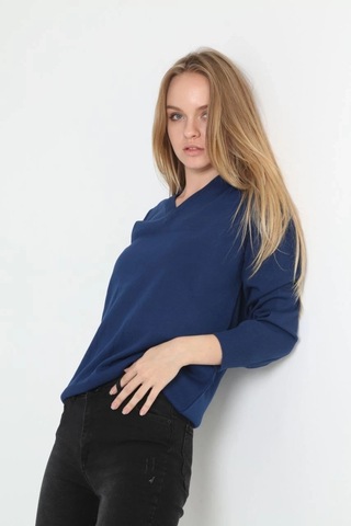 Alfanora Unisex Uzun Kol V Yaka Triko Kazak - Indigo Indigo