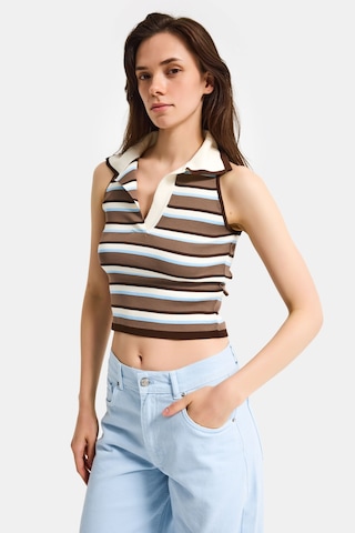 Kadın Mavi Kahve S6-103 Crop Fit Polo Yaka İnce Yazlık Triko Body