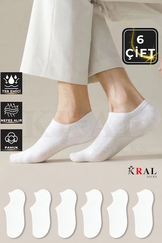 Kral Socks Pamuklu Terletmez Unisex Sneaker Çorap 6 Çift Beyaz
