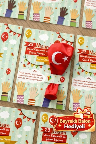 20 Adet Balon ve 23 Nisan Tebrik Kartı 20'li Set Sınıf Hediyelik Türk Bayraklı Balon