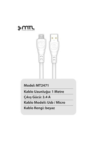 3.4a Usb To Micro Ultra Hızlı Extra Yumuşak Dayanıklı Şarj Ve Data Kablosu Mt2471