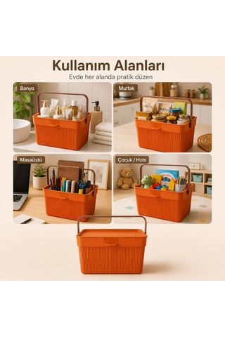 6 Litre Çizgili Çok Amaçlı Düzenleyici Kapaklı Taşıma Kulplu Saklama Kutusu Organizer Turuncu