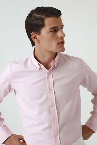 D'S Damat Ds Damat Slim Fit Pembe Armürlü Düğmeli Yaka Pamuklu Gömlek 5HC02ORT07265 Pembe