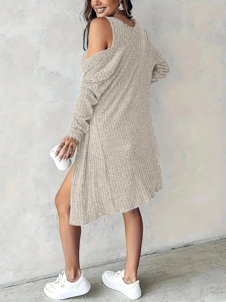 Tua Moda Kadın Askılı Yuvarlak Yakalı Önü Düğmeli Şardonlu Kaşkorse Mini Elbise Ve Kısa Ceket Bej