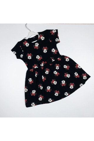 Momikon Minnie Mouse Desenli Fiyonk Detaylı Pamuklu Kız Çocuk Elbise Siyah
