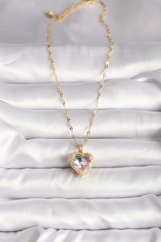 316l Çelik Gold Renk Zirkon Taşlı Renkli Kalp Model Kadın Kolye Çok Renkli