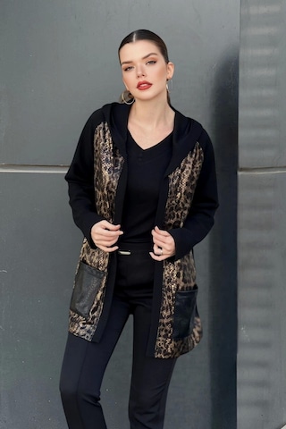 Kapüşonlu Leopar Desen Garnili Cepli Hırka Siyah