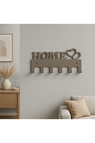 Lunoart Home Yazılı Kalpli Metal Anahtarlık Askısı Duvar Tipi Anahtar Organizer Vizon