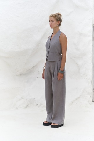 Mai Collection Mai Studios Co. Dena Sırt Dekolteli Antrasit Keten Yelek Pantolon Takım Antrasit