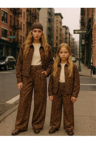 Zekids Kız Çocuk Leopar Desenli Süet Geniş Paça Tasarım Pantolon-16291 Kahverengi