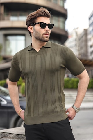 Madmext Haki Polo Yaka Triko Erkek Tişört E7469 Haki