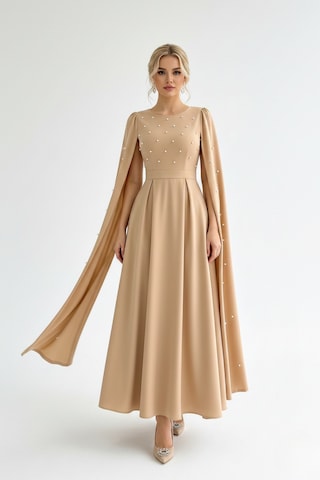 Defymoda Kadın İnci İşlemeli Şık Gece Davet Elbise Bej