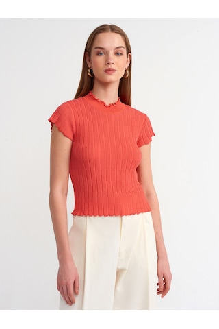 Dilvin Dik Yaka Transparan Triko Bluz Kırmızı
