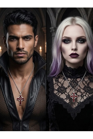 Unisex Gotik Haç Kolye Kırmızı Gri Gümüş Vintage Cross Kolye, Retro Zincir Kolye, Kadın Erkek Punk Kolye