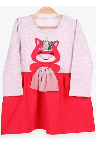 Breeze Kız Çocuk Elbise Pullu Nakışlı Kedicik 1-4 Yaş, Bej Melanj-bej Melanj Bej Melanj