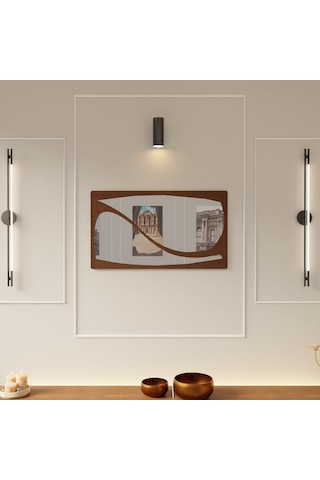 Minimal Ayna Pleksili Ahşap Duvar Dekoru Kahverengi