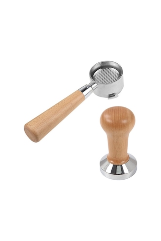 1 Adet Kahve Dipsiz Portafilter Sepeti Kahve Aksesuarları & 1 Adet Kahve Sabotajı Ahşap Saplı Öğütücü 51mm