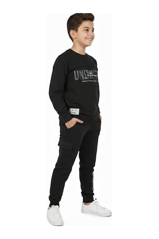 Baglan Erkek Çocuk Önü Baskılı Sweatshirt Ve Eşofman Alt Takım Bgl-st05247 Siyah