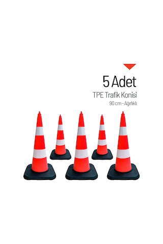 5'li Tpe Trafik Konisi Seti 90 Cm Ağırlıklı Çift Reflektifli Trafik Dubası-3630