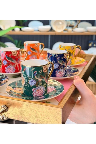 6 Kişilik Porselen Renkli Bird Deco Kahve Fincanı -5811 Çok Renkli