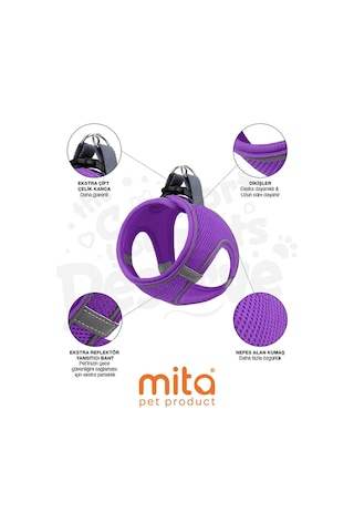Mita Air Mesh Kedi Köpek Göğüs Tasması Çift Reflektörlü, Terletmeyen Mor