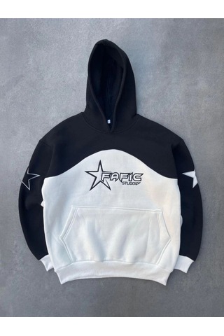 Mbb E-ticaret Kadın 3 İplik Pamuklu Parçalı Nakış İşlemelı Kapüşonlu Sweatshirt Hoodie - Siyah