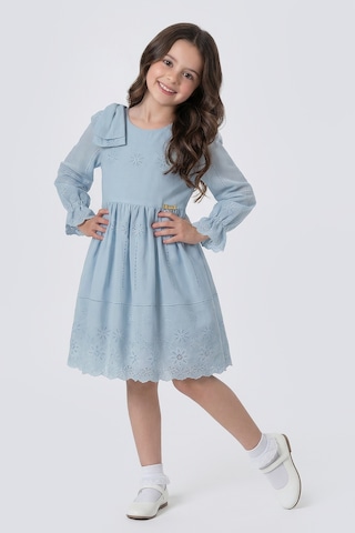 Pina Kids Kız Çocuk Omzu Fiyonk Detaylı Uzun Kollu Fisto Elbise Mavi