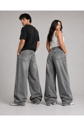 St.poll Eskitme Gri Yıkamalı Unisex Büyük Beden Baggy Jean Pantolon