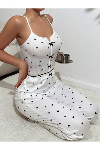 Gazaniga Kadın Beyaz Likralı Desenli Gecelik Pijama Takımı Fiyonk
