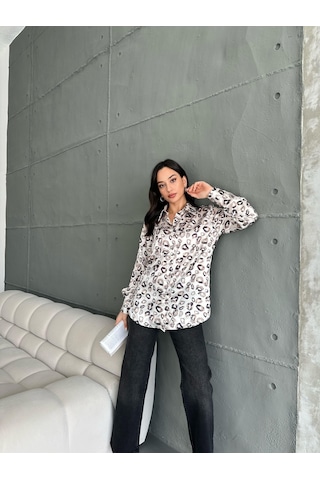 Kadın Oversize Ekru Renk Kahve Öpücük Detaylı Saten Gömlek-kahve Kahve