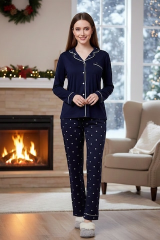 Remsa Kadın Yıldız Desenli Önü Düğmeli Yumuşak Milan Kumaş Pijama Takımı 250383 Lacivert Lacivert