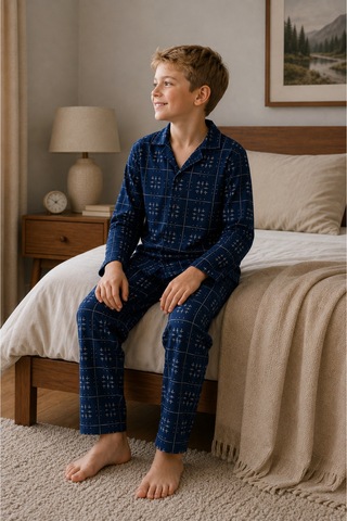 Free Beka Ekose Desenli Uzun Kollu Gömlek Yaka Düğmeli Erkek Çocuk Pijama Takımı Lacivert