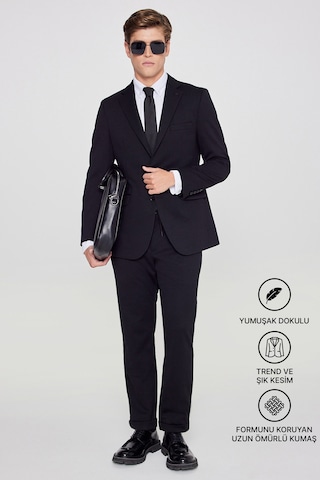 AC&Co / Altınyıldız Classics Erkek Sıyah Slim Fit Dar Kesim Mono Yaka Beli Bağlamalı Kapak Cepli Esnek Takım Elbise Siyah