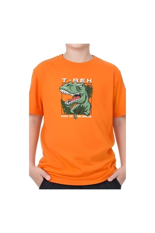 T-rex Baskılı Erkek Çocuk Kısa Kollu Tişört Turuncu