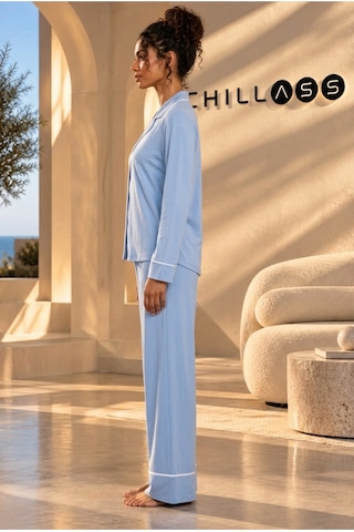 Chıllass Kadın Pamuklu Uzun Kollu Pijama Takımı Önden Düğmeli Açık Mavi Açık Mavi