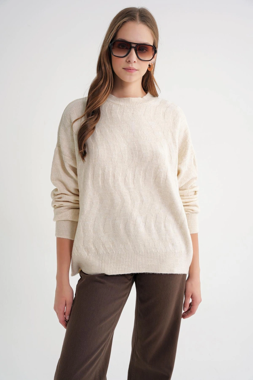 Mixray 6947 Kadın Kendinden Desenli Oversize Triko Kazak Naturel