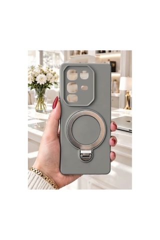 İnfinix Hot 50 Pro İle Uyumlu 360 Derece Dönebilen Kalın Metal Magsafe Halka Stantlı İçi Kadife Korumalı Ultra Lüx Premium Silikon Kılıf Gri