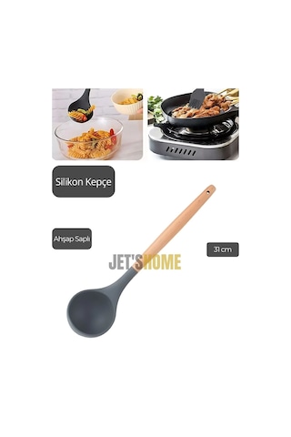 Silikon Kepçe Mutfak Kepçesi Ahşap Saplı 31 Cm