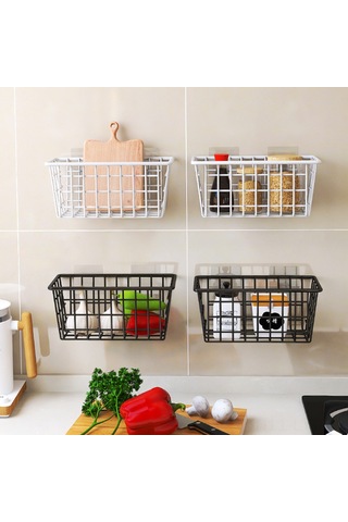 Youtek Duvar Takılı Demir Depolama Sepeti - Duş Ve Mutfak İçin Deliksiz Montajlı Organizasyon Aleti Siyah 2 Adet İz Olmayan Yapıştırıcı Diğer