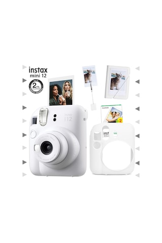 Fujifilm Instax Mini 12 Fotoğraf Makinesi + 20'li Film + Kıskaçlı Stand + Mini Albüm + Silikon Kılıf Seti Beyaz