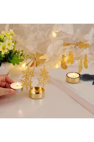 Altın Renkli Dönebilen Metal Tealight Mumluk Kar Tanesi Ve Noel Figürlü Dekoratif Mumluk Gold