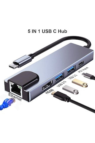 Molix Mx-1205 Type-c To Hdmı 5 İn 1 Çok Fonksiyonlu Hub - 10/100 Ethernet, Usb 3.0, Pd Şarj Destekli Adaptör