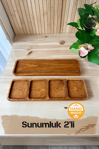 El Yapımı Çam Ağacı Ahşap Sunum Tepsisi 2'li Takım