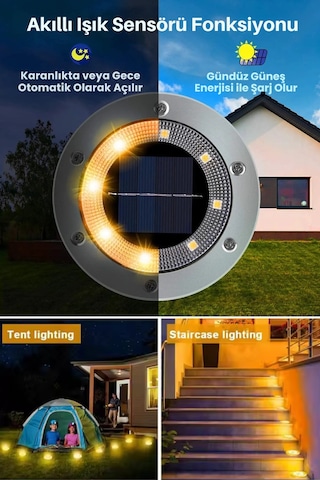 Technojet 1adet Solar Ultra Parlak Smd 8led Kazıklı Çim Zemin Bahçe Aydınlatma Güneş Enerjili Sarı Sarı