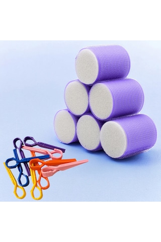 Croc 1203 Mor Cırtlı Sünger Bigudi 6Lı Çap 5Cm +10lu Plastik Saç Pensi