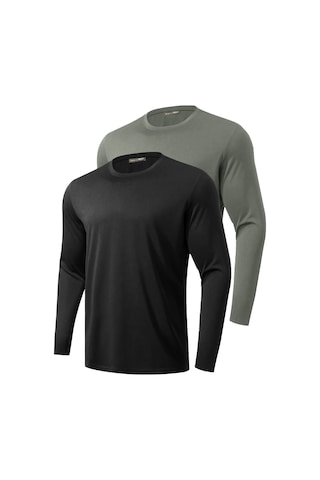 Ghassy Co. 2'li Paket Erkek %100 Pamuklu Likralı Spor Koşu Günlük Antrenman Uzun Kollu Penye T-shirt Siyah - Haki