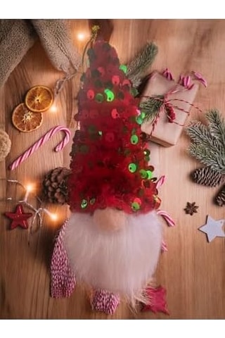 Gnome Şans Cücesi 15 Cm Kırmızı Yeşil Payetli Şapkalı Yılbaşı Süsü Dekorasyonu, Kırmızı