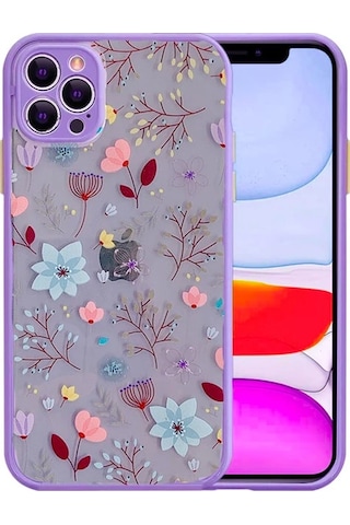 Apple iPhone Uyumlu iPhone 12 Pro 6.1inç Kamera Korumalı Çiçek Desenli Silikon Kılıf- 5775 Mor