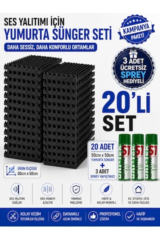 Akustik Yumurta Sünger 60dns Yanmaz 50cmx50cm 25mm 20adet + 3 Sprey Yapıştırıcı F744e